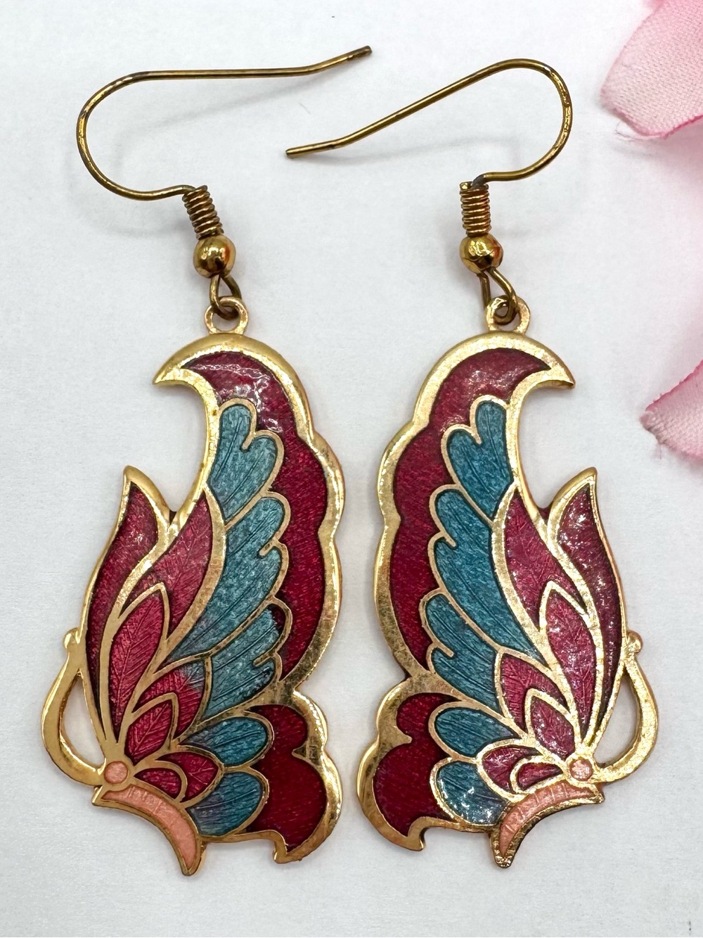 Vintage Cloisonné Butterfly Earrings Red Blue Gold Tone Cottagecore Garden